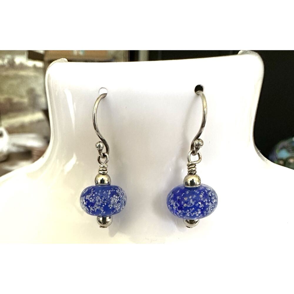 Silver 925 Shimmery Blue Lamp Work Glass Bead Dangle Ornament Earrings